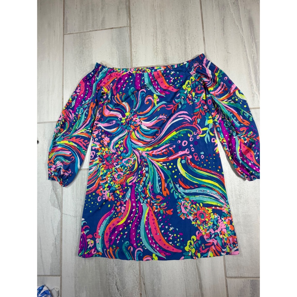 Lilly Pulitzer Silk Blend Off The Shoulder Tunic Top Blue Floral Print Small